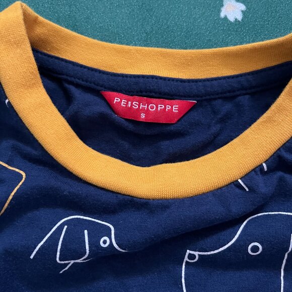 Penshoppe Navy Yellow Doodle Dog Graphic Pattern Crop Top Shirt GOOD - Picture 5 of 5